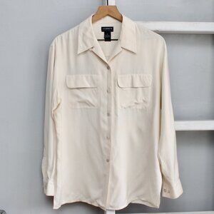 Liz Claiborne Classics Cream 100% Silk Button-Up Shirt Tunic Blouse Size Medium
